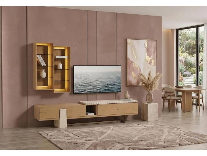 JVmoebel Lowboard TV Lowboard Set Wandvitrine Modern Beige Edel Luxus Wohnwand Design, Made in Europa