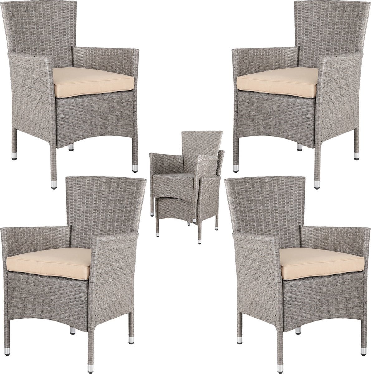 Casaria Set van 4 Stapelbare Polyrattan Tuinstoelen met Kussens - Beige