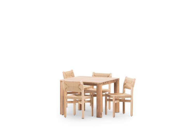 Set de table 100x100cm et 4 chaises en bois et rotin beige