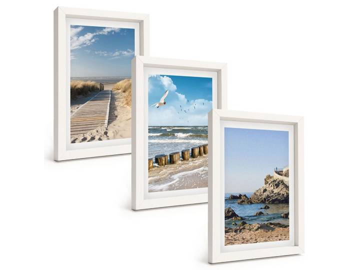 BILDER SET 3er Set - 20x30 cm Weißer Rahmen - Strand Holzsteg Klippen