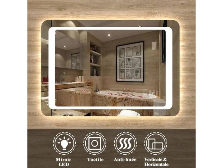 Miroir de salle de bain anti-buée - [MARQUE] - 90x65cm - LED - Aluminium - Blanc