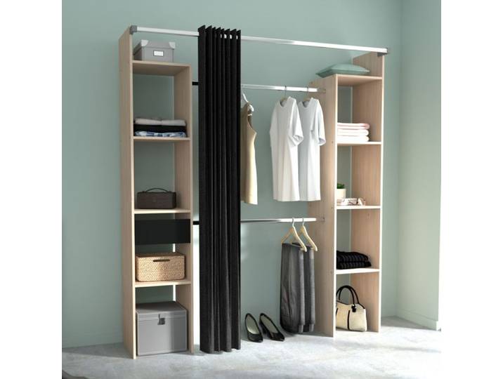 Dressing ouvert avec rideau noir et étagères - Bois naturel - Fabriqué en France - Terre de Nuit