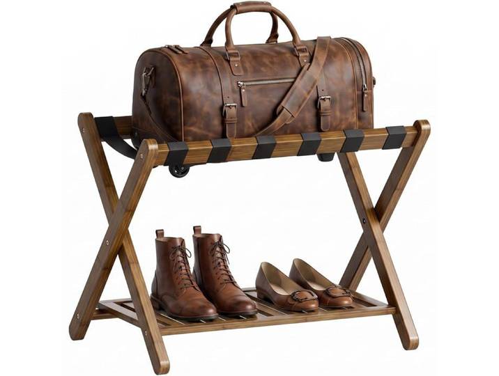 Support de valise pliable en bambou 2 niveaux - étagère de rangement noyer 67 x 41 x 54 cm pour chambre d'amis et hôtel