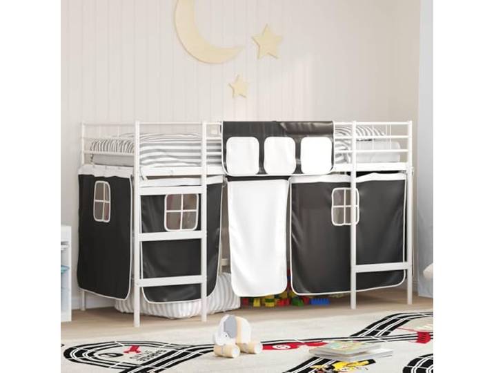 Pulverbeschichteter Metallrahmen mit Vorhängen Hochbett 90 x 190 cm Weiß Kinder Loft Bettgestell mit Vorhängen Weiß Schwarz Hochbett Metall mit Zeltvorhang Platzsparendes Kinderbett mit