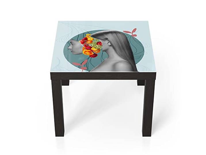 DEQORI Glastisch schwarz klein 55x55 cm Motiv Frau mit Blumen im Kopf ausgefallener Beistelltisch aus Glas Hochglanz Couchtisch fürs Wohnzimmer moderner Couch Tisch mit Design