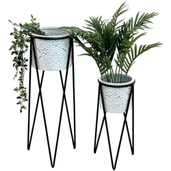 DanDiBo Blumenständer mit Topf Metall Schwarz Weiß 2er Set Blumenhocker 96043 Blumensäule Modern Pflanzenständer Pflanzenhocker