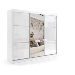 KLEIDERSCHRANK mit Spiegel-Schiebetüren und Aluminium-Leisten, LED-Beleuchtung - VIVONA - 240 cm Weiß