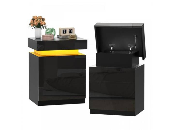 LVHCMFOHM Table de Chevet Noire - Lot de 2 - Avec Compartiment Supérieur à Rabat - Table de Nuit LED avec 3 Tiroirs - 45x35x61cm