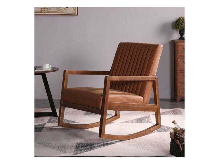 LuxusKollektion Schaukelstuhl Schaukelstuhl PU Leder Holzrahmen Armlehnen MidCentury Braun