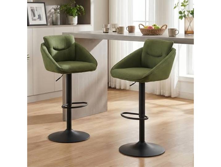 Ya-Home Barhocker 2er Set mit Leinenstoff, Barstuhl Höhenverstellbar, Grün Bistrohocker drebar mit Rückenlehne & Fußstütze, gepolsterter Tresenhocker, Bar Stools für Küche/Wohnzimmer