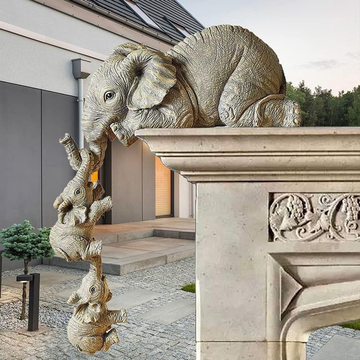 Olifanten Familie Beeld - 3-delige handgeschilderde decoratie van hars - Grijs