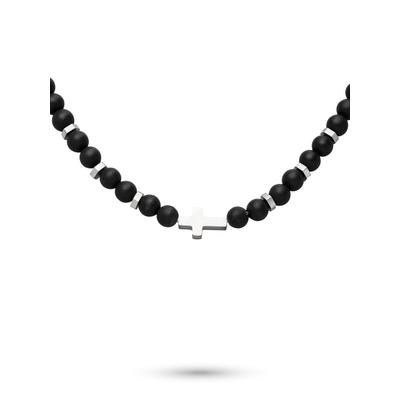 Kette mit Anhänger S.OLIVER "Schmuck Geschenk Edelstahl Halskette Beads, Kreuz", schwarz (edelstahlfarben, schwarz), Halsketten, Herren, Edelstahl, L: 55 B: 4mm, mit Onyx oder Tigerauge, B:4mm