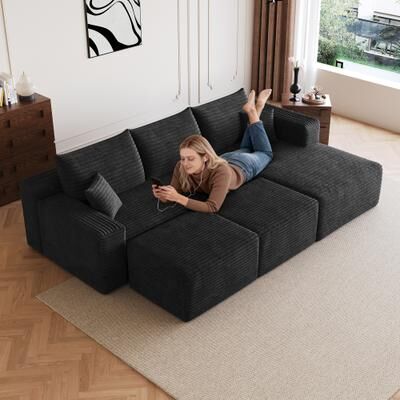 Loedds 95-inch 3-Seat Reversible U-Shaped Modern Fabric Sectional Sofa with Ottoman and Chaise for Living Room, Black
