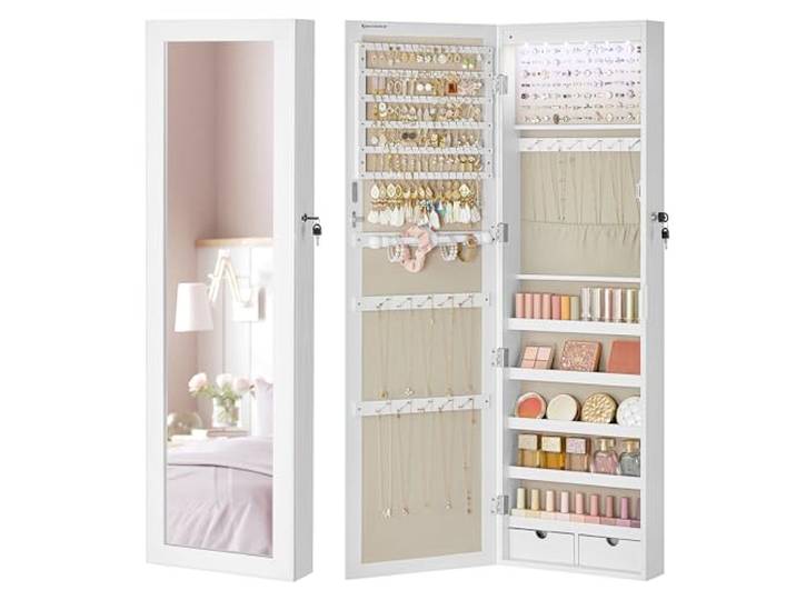 SONGMICS Schmuckschrank hängend, Wandspiegel, 6 LED-Glühbirnen