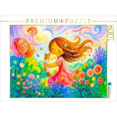 CALVENDO Puzzle Puzzlespiel Mädchen mit Katze im Wind in moderner kindlicher Windpoesie | 1000 Teile Lege-Größe 64 × 48 cm Foto-Puzzle für glückliche