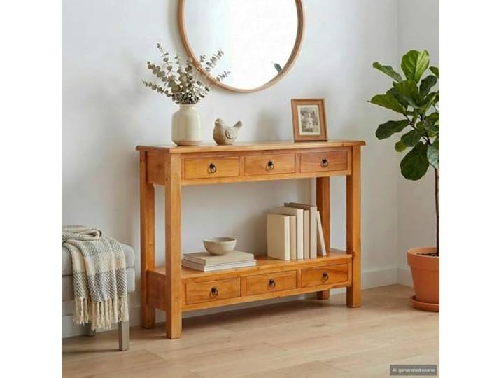 Konsolentisch aus massivem Mahagoniholz mit 6 Schubladen, 115 x 32 x 76 cm Vintage-Optik, praktische Aufbewahrung, schmales Design, einfache Pflege, rustikales schickes Ambiente