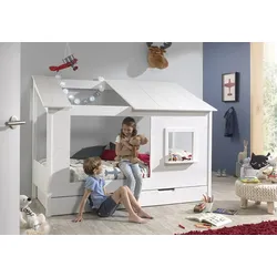 Baumhaus Bett 90 x 200 cm Liegefläche und Bettschublade offenes Dach Weiß lackiert