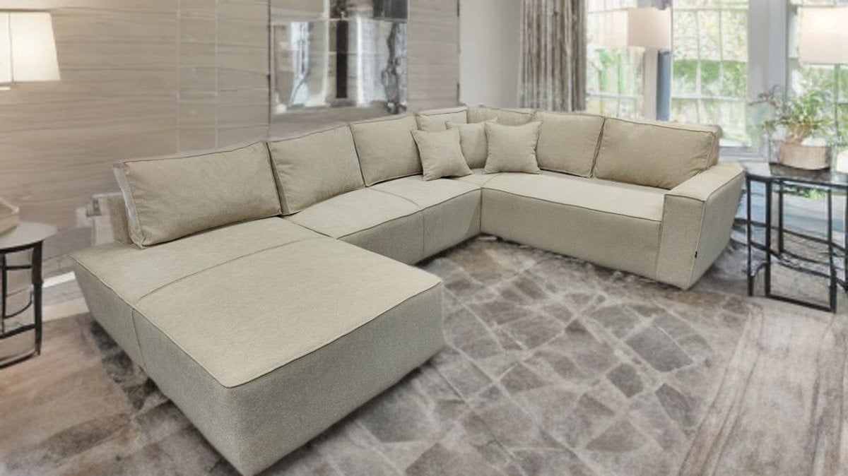 Moderne U-vormige Hoekbank Koningstijl in Graphite Textiel met Losse Rugkussens
