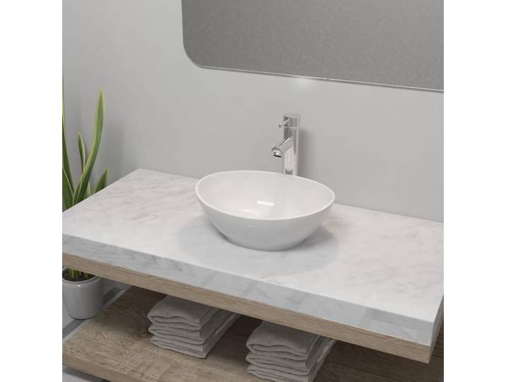 vidaXL Salle de bain lavabo avec mitigeur céramique ovale blanc
