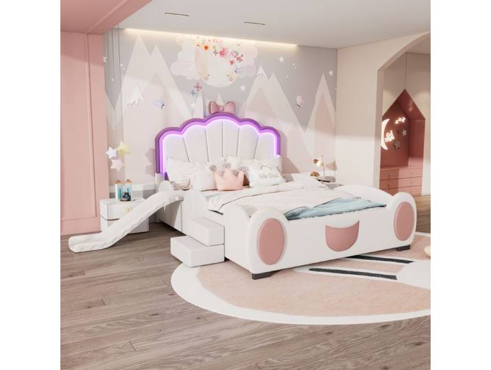 Lit Cartoon Enfant 140x200 cm Lit Ludique avec Toboggan et Éclairage LED Rose et Blanc Design Papillon