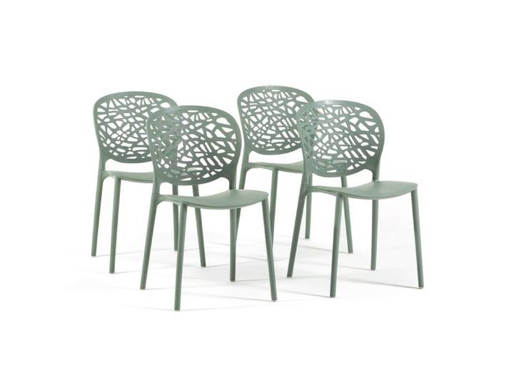 Lot de 4 chaises de jardin empilables en résine avec dossier ajouré décoratif pour terrasse bar restaurant Linda - Sauge