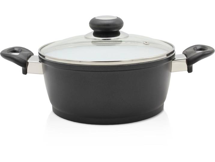 Fleischtopf KRÜGER Aluguss Topf mit Glasdeckel Oslo , schwarz, H:9,2cm Ø:20cm, Töpfe, Fleischtopf, für Induktions-Kochfelder geeignet