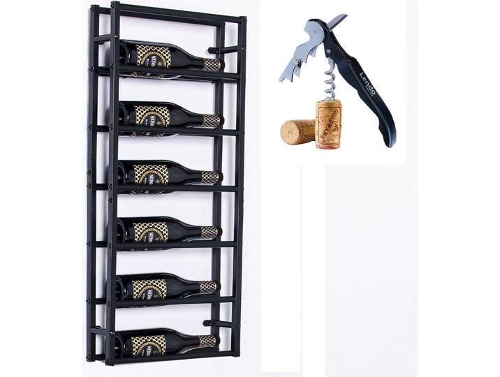 Lendo Online Wijnrek voor aan de muur - 6 flessen - Industrieel - 39x10x84cm (BxDxH) - Wandrek - Flessenrek - Hangend wijnrek - Muurrek - Poedercoat Staal - Zwart