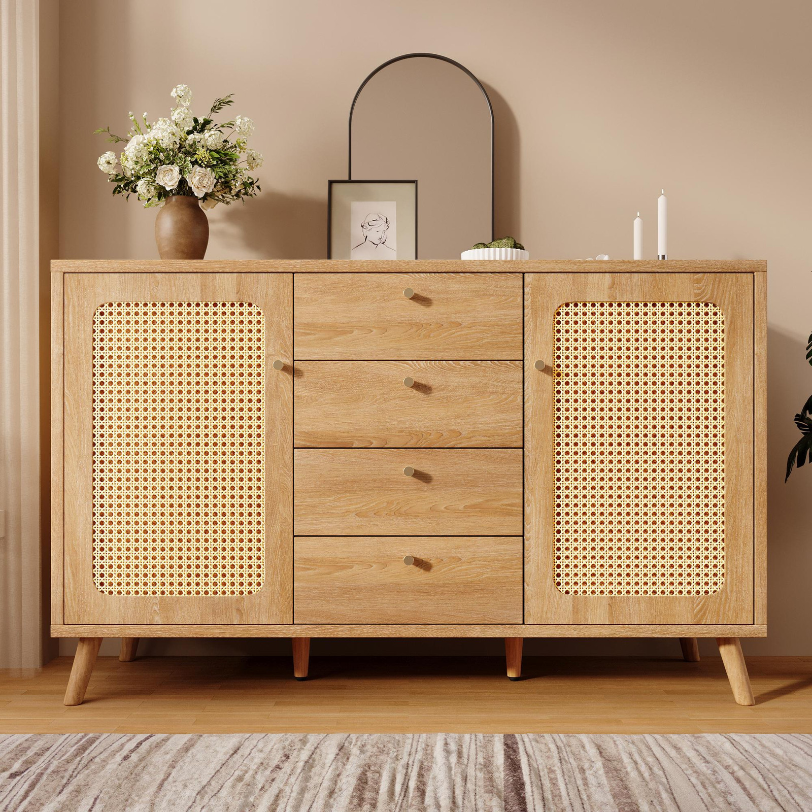 Flieks Rattan Sideboard Licht Eikenhout met 4 Lades en 2 Deuren