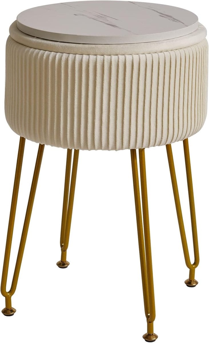 Multifunctionele Samt Opberg Pouf met Afneembare Hoes en Gouden Stalen Poten, Wit