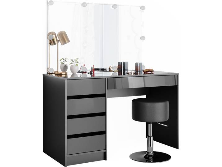 Coiffeuse Vicco Sherry Anthracite 120cm avec miroir\, guirlande LED et tabouret\, Model 36887
