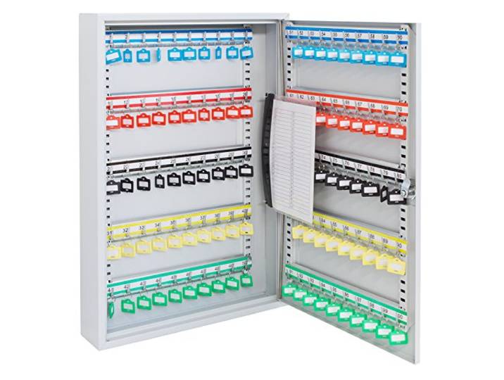 ARREGUI PL100 Schlüsselschrank Schlüsselkasten aus Stahl mit 100 verstellbaren und nummerierten Haken Schlüsselbox mit Schlüsselliste inkl. 100 Beschriftbare Schlüsselanhänger 55x38x8cm Grau