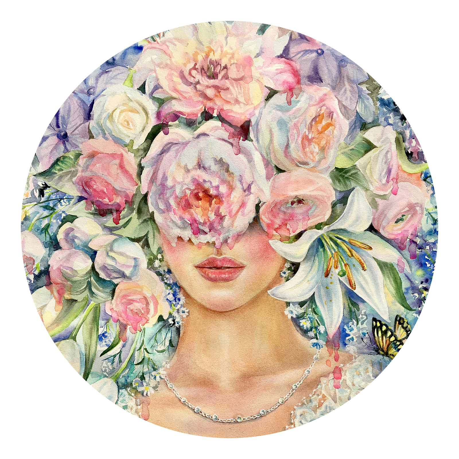 home24 Floatglas Flowers On The Face met bloemenillustratie, groen/blauw/violet, Ø 50 cm