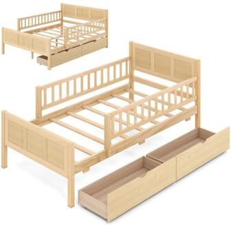 Costway Twin Size Bed Frame with Storage Drawers Natural