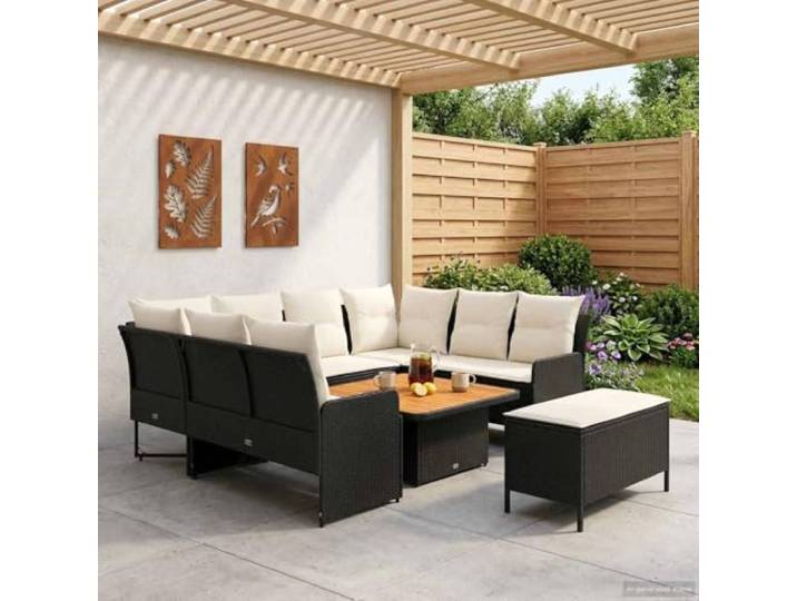 KTHLBRH Sofa-Set aus PE-Rattan, 7-teilig, Schwarz und Creme Massives Akazienholz, weiche Kissen, für Außen und Innen, Terrasse und Wohnzimmer