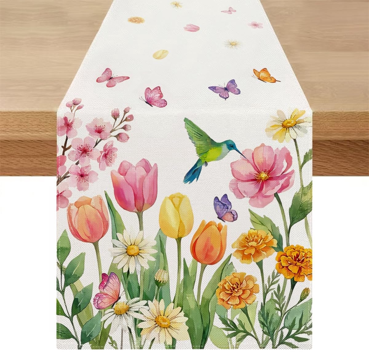 Afwasbare linnen tafelloper met landelijke bloemenprint, 40 x 100 cm