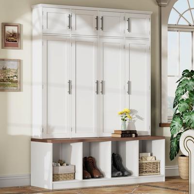 Kodotan sofa Farmhouse Hall Tree with 4 Hidden Hanging Hooks,Versatile Seating Bench with 8 Doors,Entryway Shoe Cabinet with Open Compartment