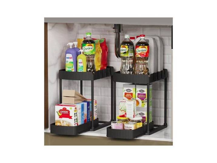 Étagère de rangement extensible en 2 parties - Étagère de rangement pour sous l'évier - Organisateur pour armoires de cuisine et