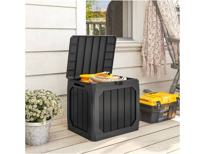 Coffre de jardin 121L en plastique noir boîte de rangement extérieure à montage sans outils poignées ergonomiques et verrouillable