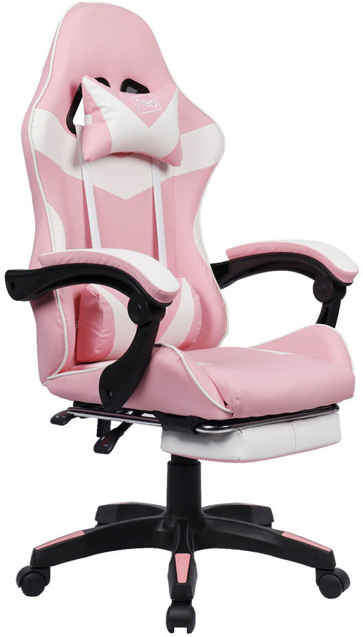 NeoDirect Racing Massage Computer Gaming Chair with Footrest Pink/White 125cm H X 66cm W X 55cm D