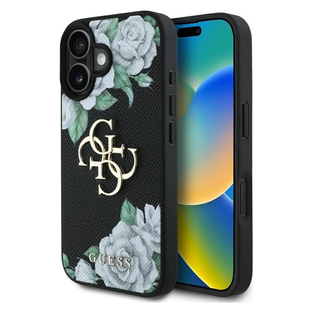 Guess Case Grained Roses Big 4G logo for iPhone 16 black (Apple iPhone 16) (GUHCP16SPGROP4MK)