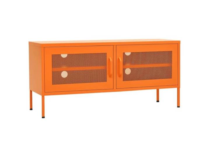 hliofuir TV-Schrank Metall Lowboard Orange 105x35x50 cm Farbenfrohes Mediamöbel fürs Wohnzimmer mit 2 Gittertüren, integrierter Kabelführung und verstellbaren Nivellierfüßen.