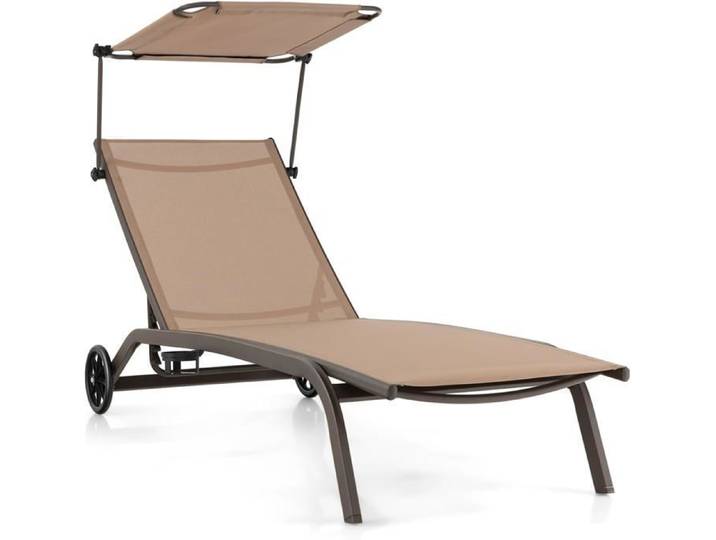 GOPLUS Chaise Longue avec Pare-Soleil Réglable-Bain de Soleil Dossier Réglable à 6 Niveaux avec Roulettes-Charge 150KG Marron