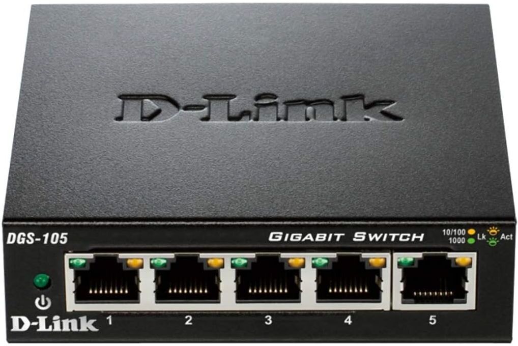 D-Link DGS-105/B 5-Port Gigabit Unmanaged Metal Desktop Switch - 10/100/1000 Mbit/s, UK Version, Black