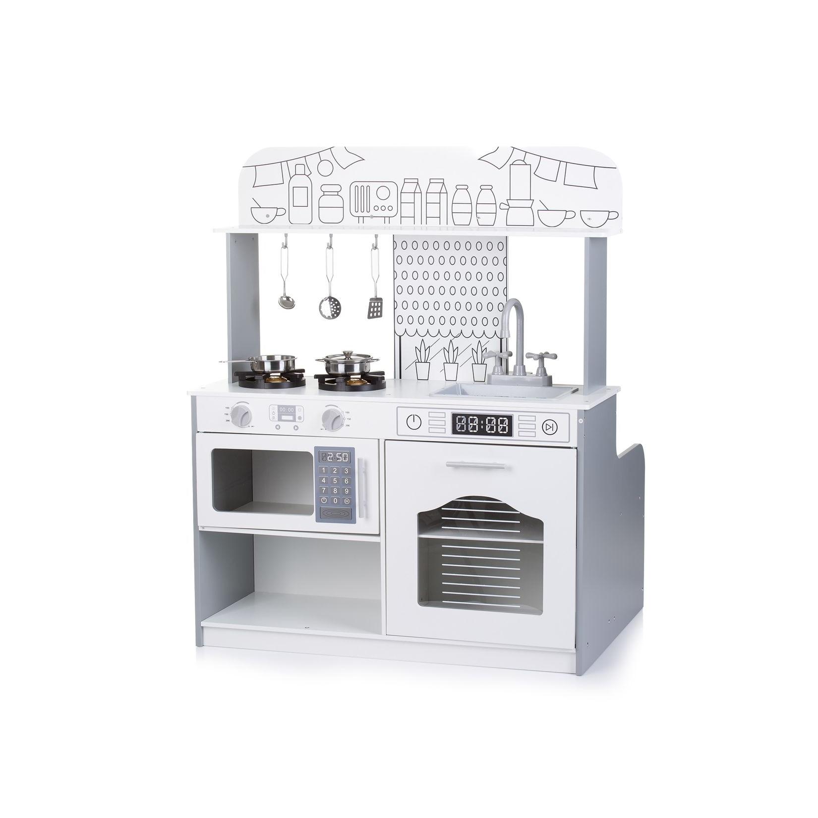Chipolino Kinderküche 2 in 1 Tisch, Hocker, Küchenutensilien, Töpfe, Mikrowelle weiß