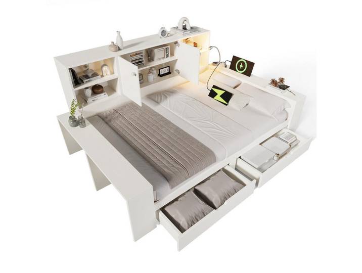 Redom Stauraumbett 140/200 cm werkstoff mit USB-/USB-C-Anschlüssen, Leselicht und Schubladen, Weiß, 140x200 cm, Schlafzimmer, Betten