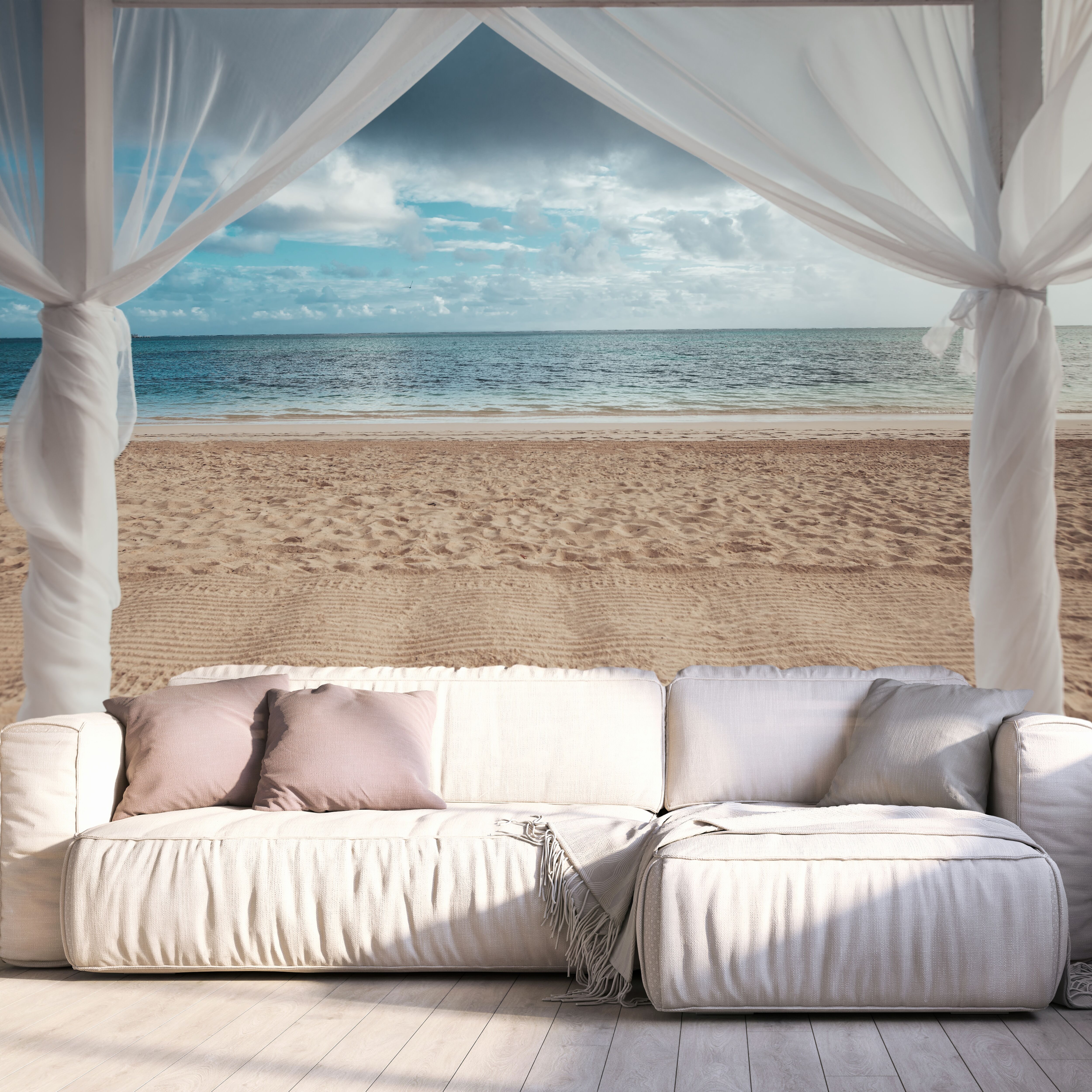 Fototapete QUEENCE "Pergola am Meer", weiß, B:360m H:250m, Vinyl, Tapeten, Fototapete, Wandpaneele, selbstklebend, Tapete, Sticker, Wanddeko, XXL-Fotomotiv