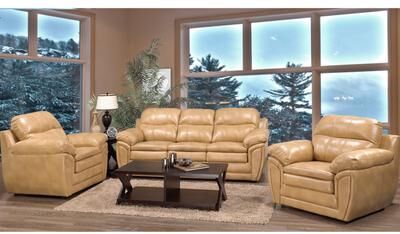 Simon Light Tan Brown Leather Gel Sofa and Two Chairs Set