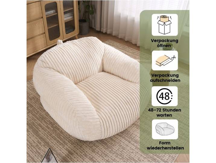 Sitzsack pour adulte 1 place avec dossier livré prérempli sans montage en tissu corduroy beige