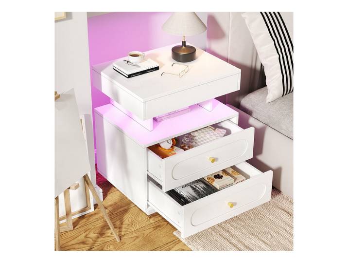 Celya Nachttisch Nachtschrank mit LED-Beleuchtung Nachtkommode (Weiß, B50/T40/H60 cm), mit 2 Schubladen, 1 offener Lagerraum