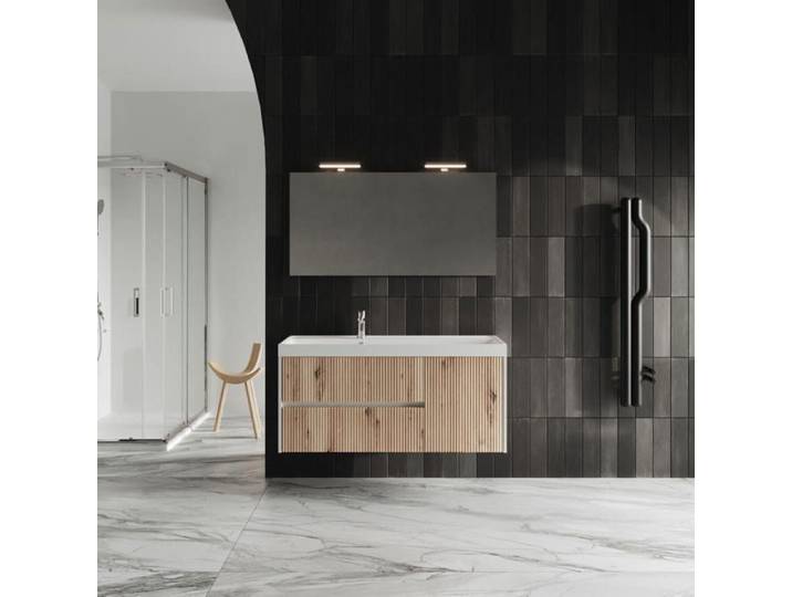 MOBILIER DE SALLE DE BAIN SUSPENDU 120CM BLANC ET CHÊNE DORÉ CORTINA